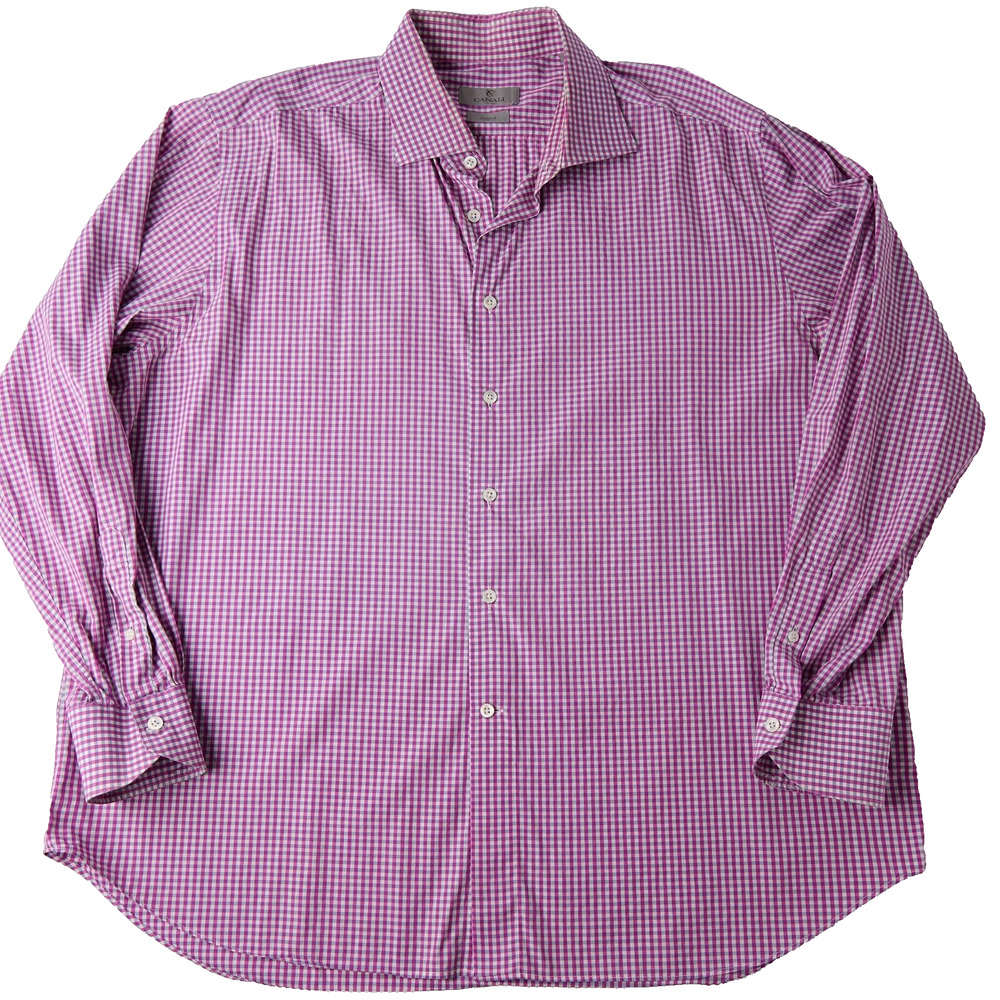 Canali Dress Shirt Men's 46 18 Pink Checkered Stretch Long Sleeve Classic Formal